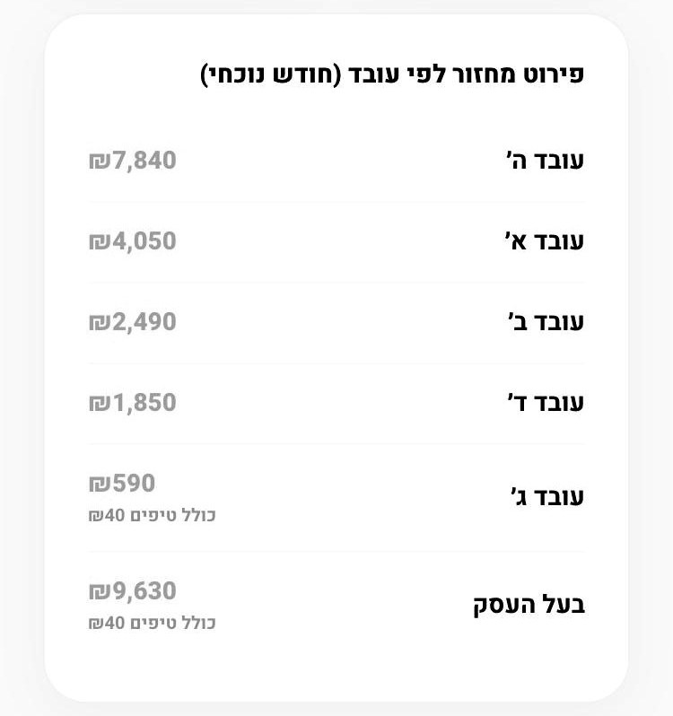 מסך הדוחות ב-Qme: מחזור לפי עובד בחודש הנוכחי
